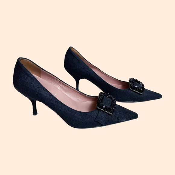 Prada Black Tweed Beaded Buckle Kitten Heels Size 35 - Picture 1 of 10